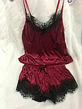 Жіноча жіноча піжама зі стрейчевого атласу червоного кольору з мереживом, фото 6