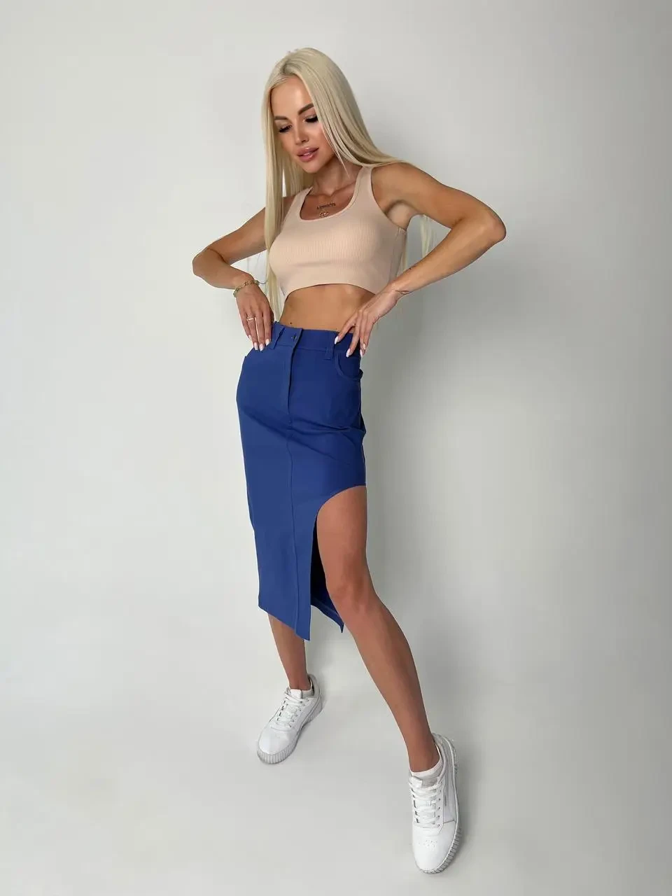 Синя жіноча спідниця трохи нижче колін з високою посадкою, фото 1