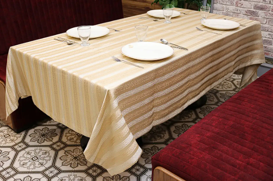 Скатертини з жакард 160x285 прямокутна на стіл у вітальню, скатертина поліестер однотонний красивий Пісочний, фото 1