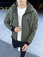 Мужская стильная стёганная курточка softshell демисезонная хаки с капюшоном