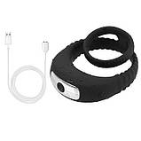 Потрійне ерекційне віброкольцо на пенис і мошонку USB - Чорний, фото 6