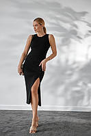 Женская черная элегантная длинная(82см)юбка с разрезом,вязанная в рубчик из хлопка, высокого качества
