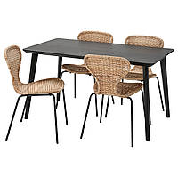 Стол и 4 стула IKEA LISABO / ÄLVSTA, черный, ротанг черный, 140x78 см, 494.815.83