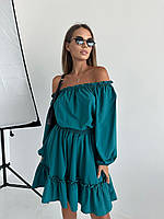 Женское летнее свободное платье с открытыми плечами солнцеклеш 42-44 46-48 софт пудра морская волна черное