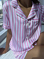 Пижама женская рубашка с коротким рукавом и шорты XS-S Розовая полоска