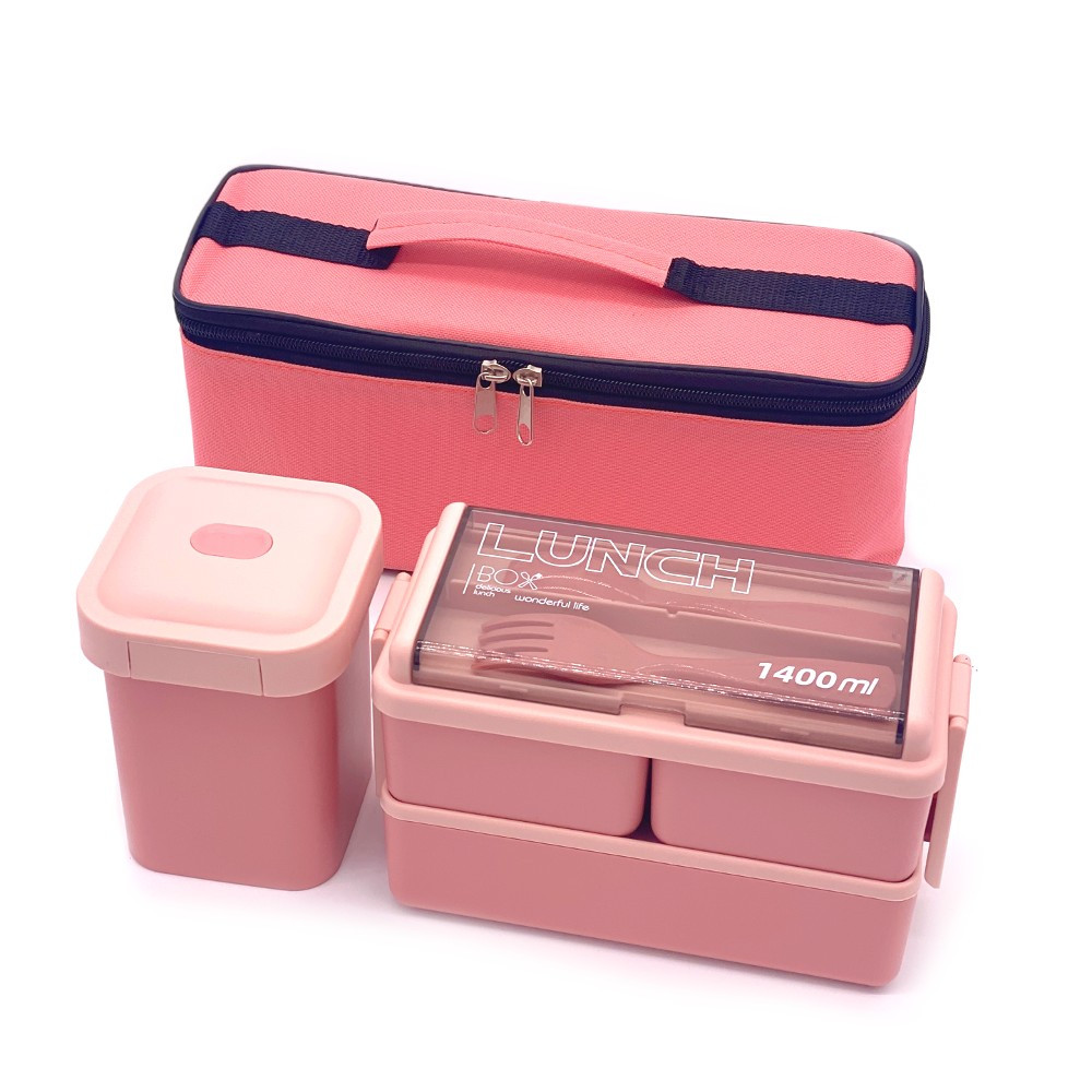 Набір Bento Set 3 в 1 ланч бокс/супниця/ланч бег/вилка/ложка рожевий (LB-104044)