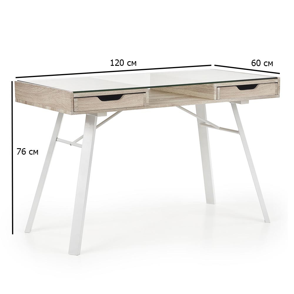 Письмовий стіл зі скляною стільницею B-33 120х60 см дуб сонома на білих сталевих ніжках у зал, фото 1