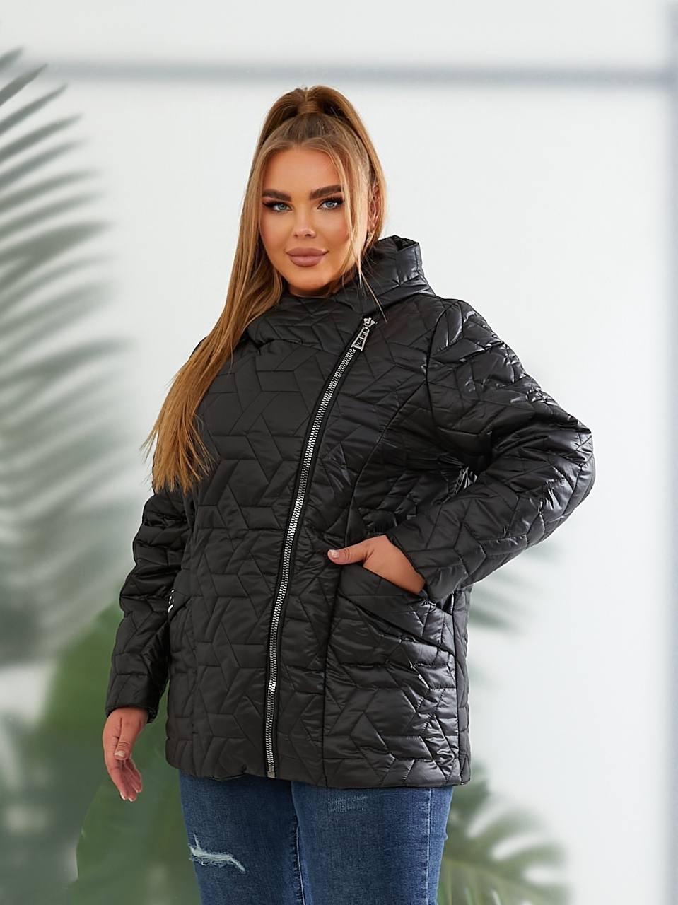 Жіноча куртка демісезонна великого розміру батал 48-58 на синтепоні 150 з капюшоном, змійка на косу, фото 1