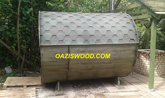 Баня в бочке с крыльцом и предбанником. Размер 2,2м*2,7м. Печка с выносной топкой.