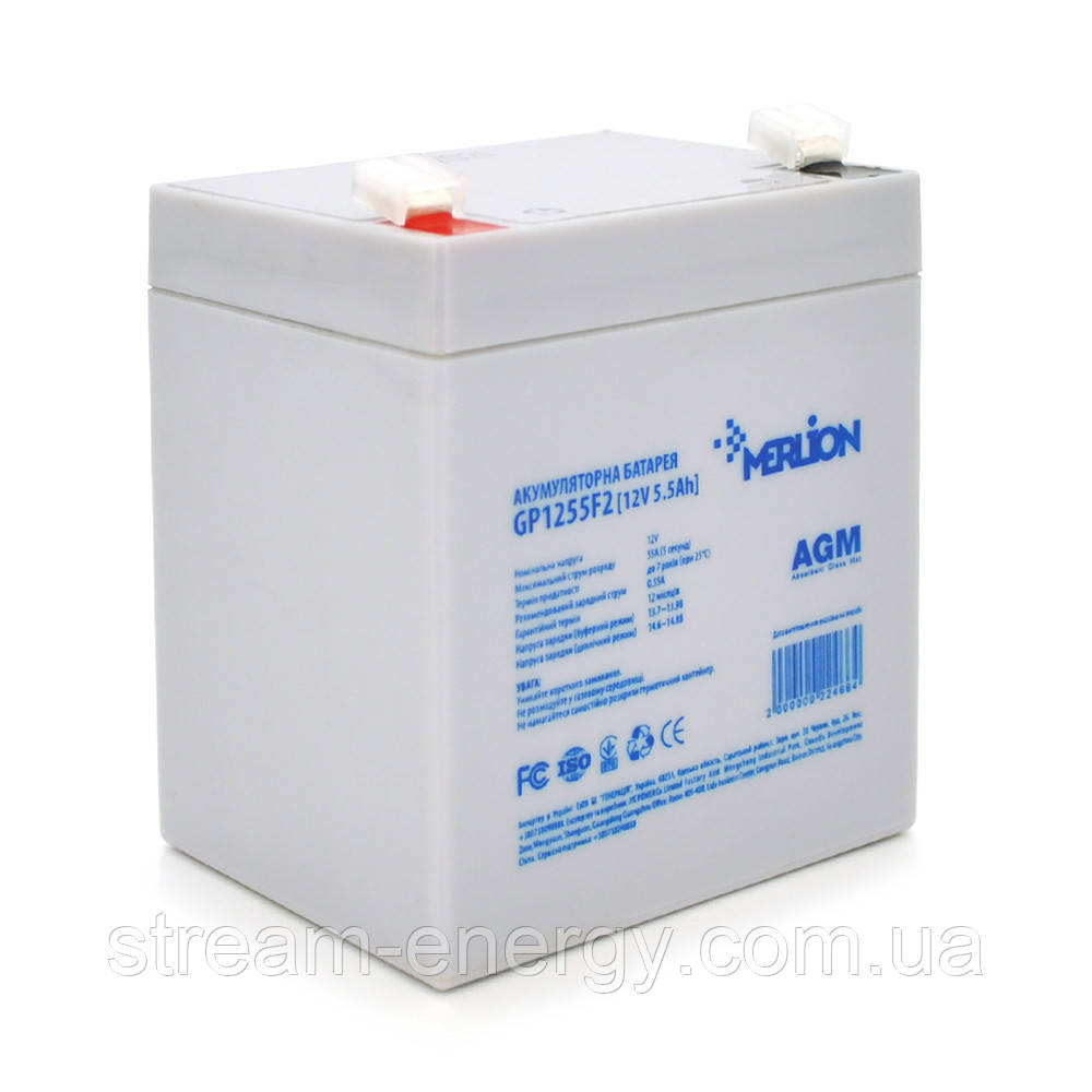 Акумуляторна батарея MERLION AGM GP1255F2, 12V 5,5Ah ( 90 х 70 х 100 (105) ) Q10/480