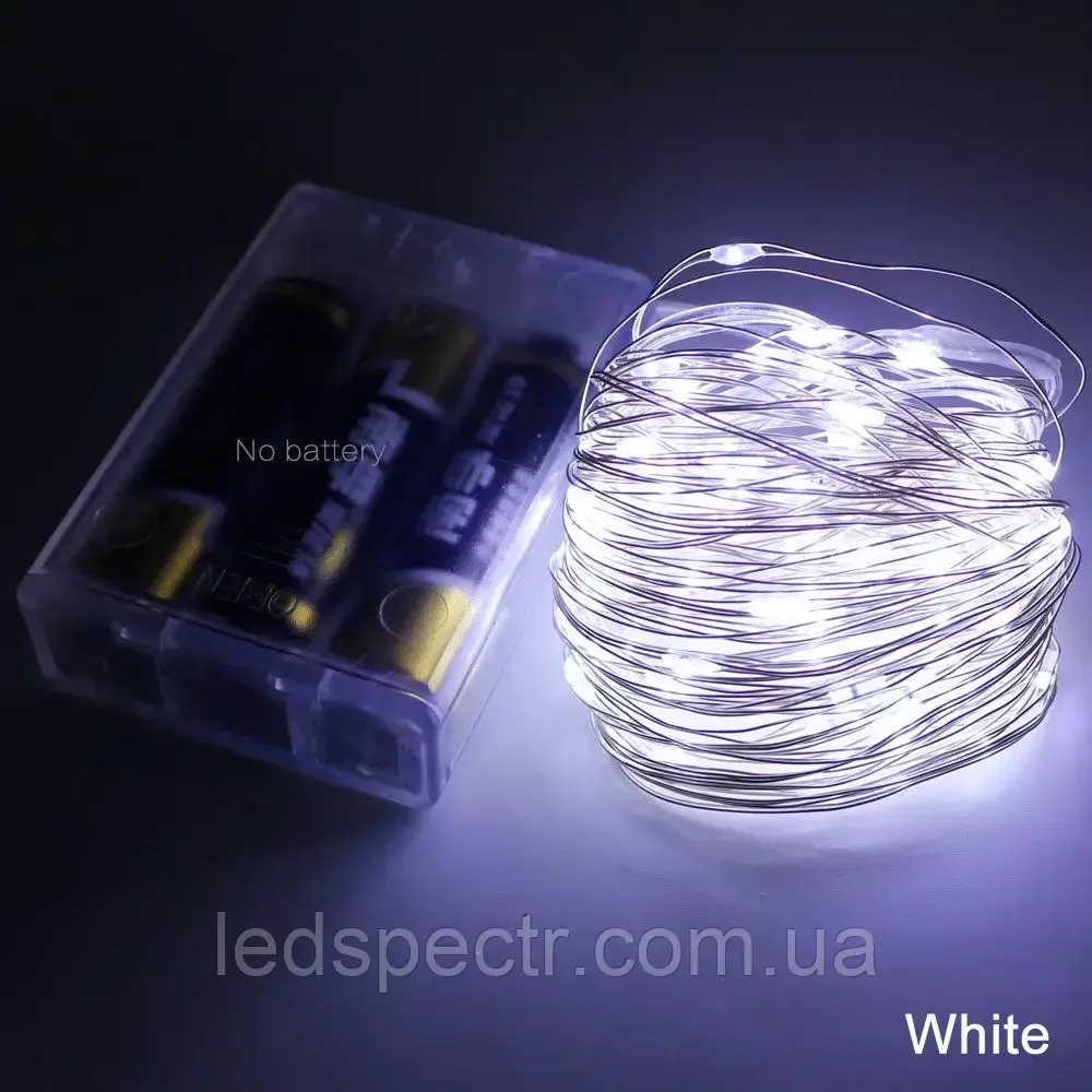 Гірлянда роса на батарейки 100 LED, 10м холодний білий