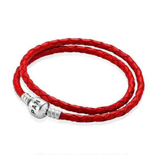Подвійний шкіряний браслет, червоний (40 см)