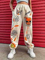 Женские креативные яркие брюки, 42-46, беж, меланж,трехнить на флисе и качественный накат. Бежевий