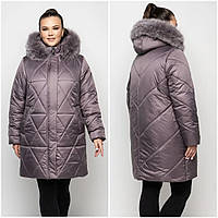 Женская зимняя удлиненная курточка больших размеров с плащевки . Опушка- натуральный мех Р 54-70 Лиловый