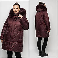 Женская зимняя курточка большие размеры . Опушка- натуральный мех Р 54-70 Марсала . Куртка женская