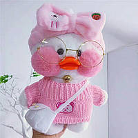 Плюшевая мягкая игрушка утка Lalafanfan 30 см, Плюшевая уточка Лалафанфан в розовом костюме с бантиком