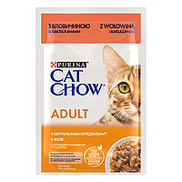 Влажный корм CAT CHOW Adult для взрослых кошек, кусочки в желе с говядиной и баклажанами 85 г (7613036595025)