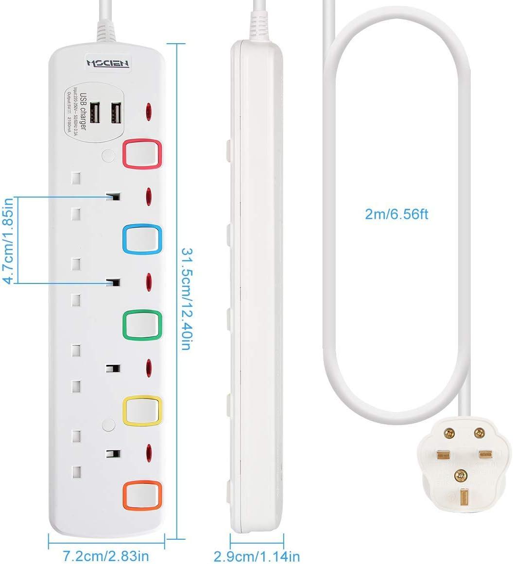 Подовжувач з USB, 4-контактні розетки Msicen 2 USB-слоти (5 В/2,1 А) з кольоровими окремими перемикачами, фото 1