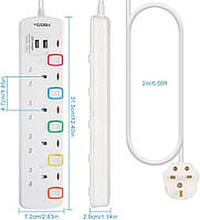 Удлинитель с USB, 4-контактные розетки Msicen 2 USB-слота (5 В/2,1 А) с цветными отдельными переключателями За