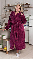 Женский длинный махровый халат с капюшоном, мягкий домашний теплый бордовый халат