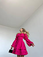 Малиновое расклешенное летнее женское мини платье с воланами и шнуровкой по спинке с опущенными длинными рукав