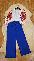 Костюм на дівчинку блузка вишиванка з маками штани палаццо синій 128 см