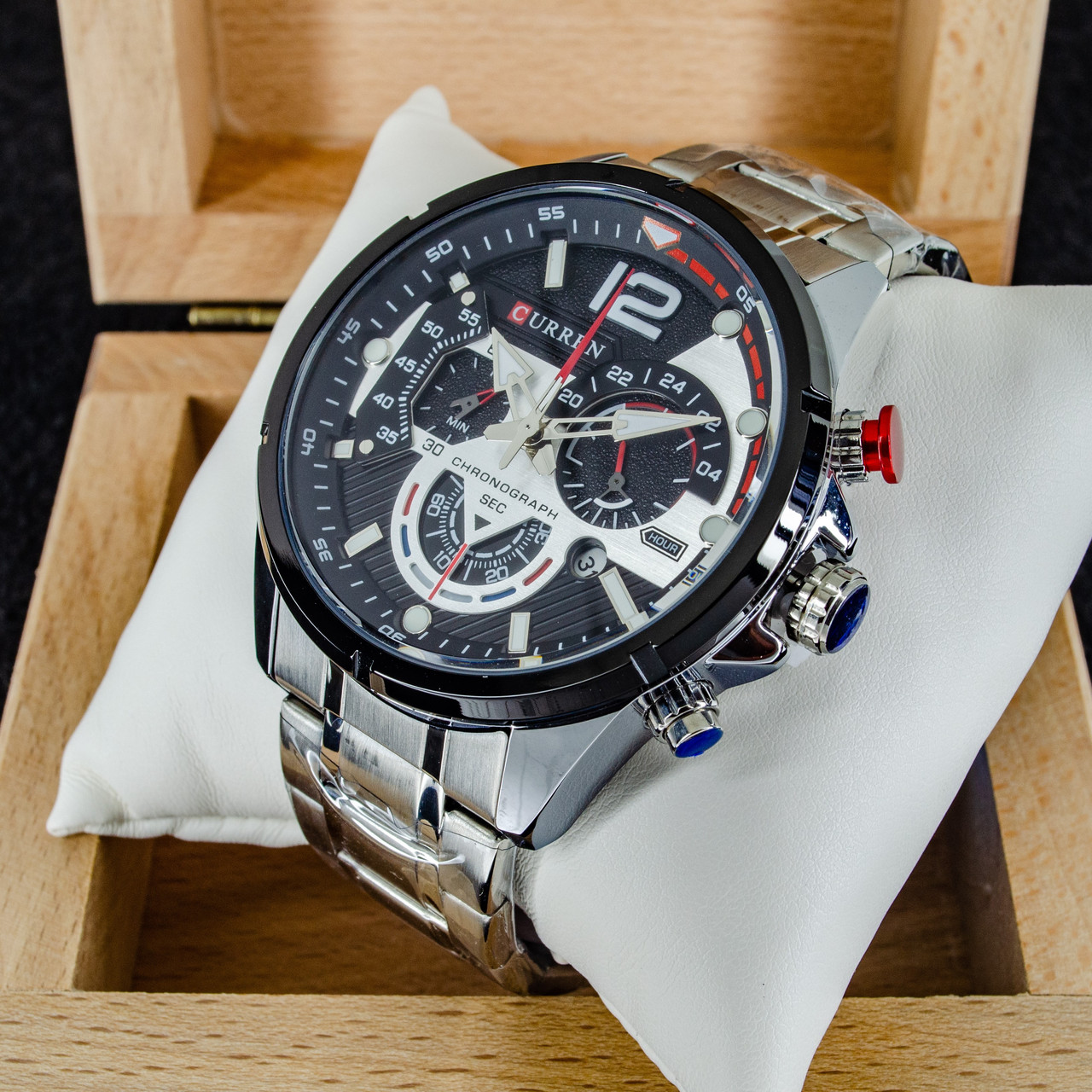 Чоловічий класичний кварцевий стрілочний наручний годинник з хронографом Curren 8395 SB. Металевий браслет