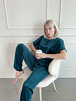 Жіночий комплект для дому та сну з тканини велюр, піжама трійка (халат, футболка, штани)