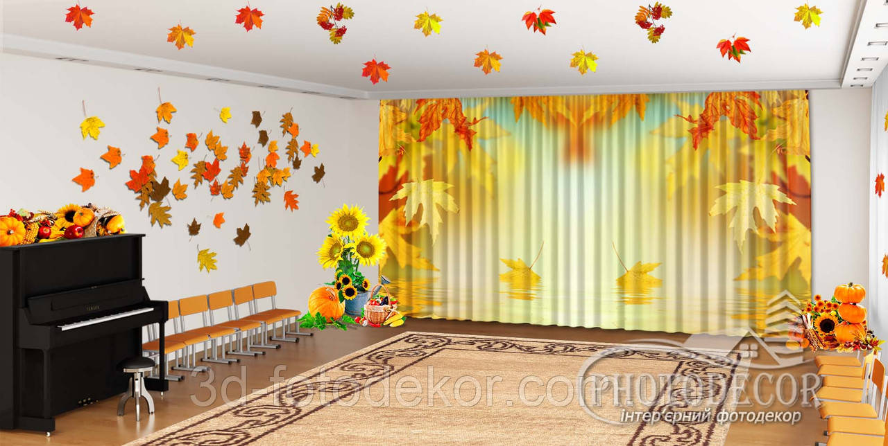 Осінні Фото Штори в дитячий садок "Осіннє кленове листя над водою" - Будь-який розмір! Читаємо опис!, фото 1