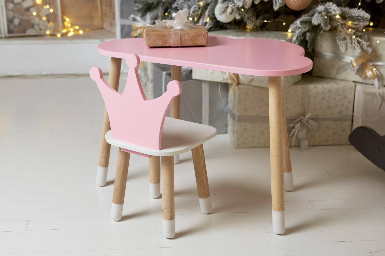 Столик хмарка і рожевий стільчик корона з білим сидінням, дитячий, дерево. (992521)