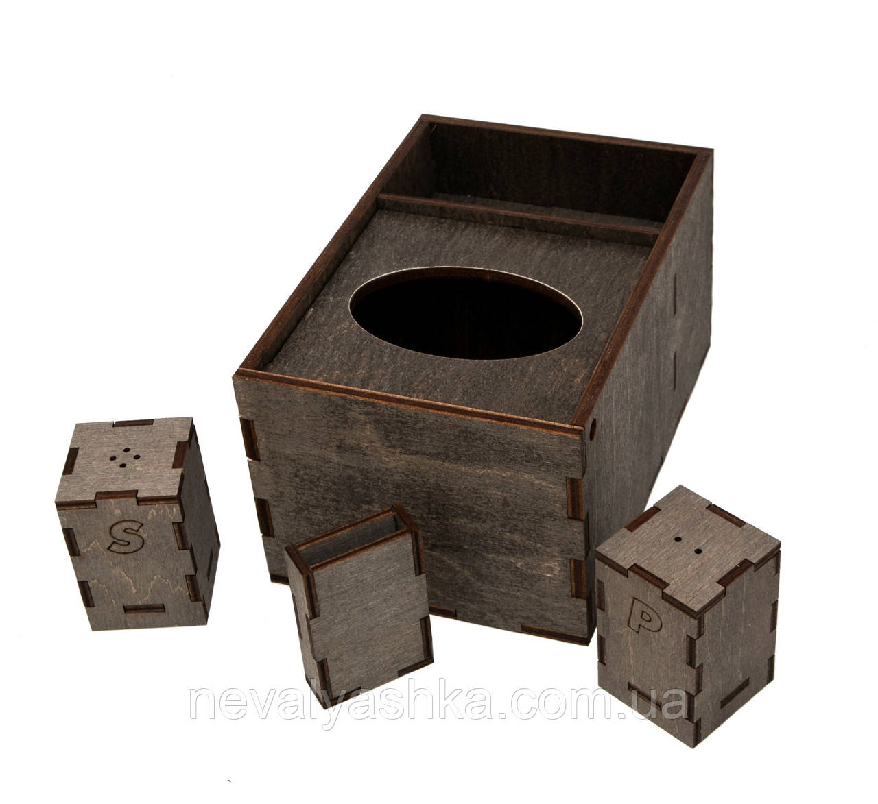Дерев'яна Барна Серветниця Органайзер Сіль/Перець Диспенсер Серветниця з Дерева Фанери ЛОГО, фото 1