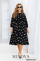 Летнее платье-миди черного цвета в гороховый принт, больших размеров от 46 до 68