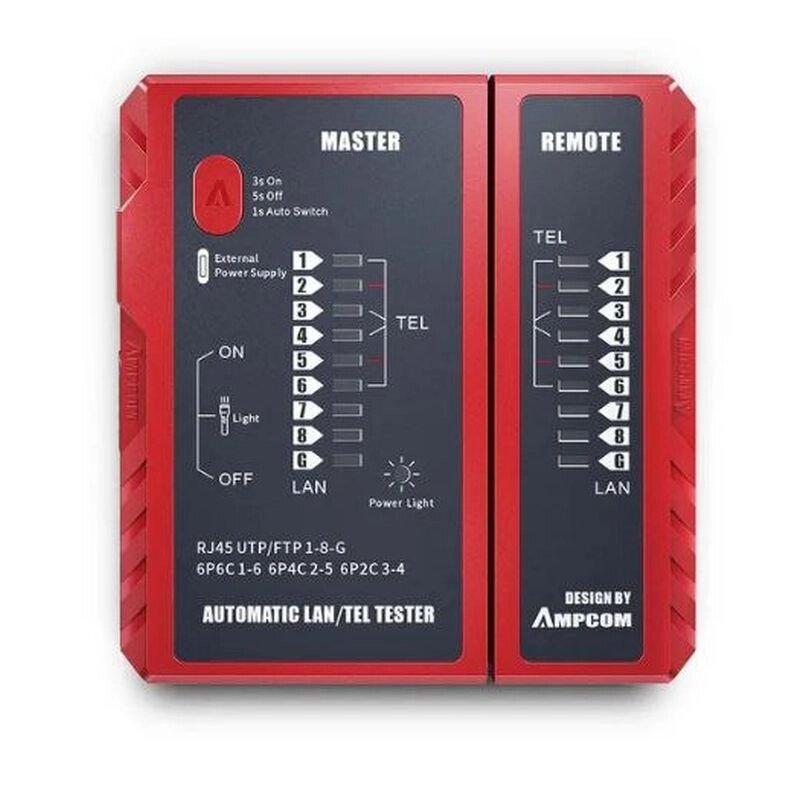 Тестер мережевого кабелю ampcom для інтерфейсу RJ45/RJ11/RJ12/RJ14, фото 1