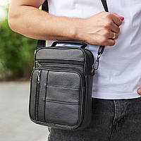 Середня чоловіча сумка на плече із натуральної шкіри Tiding Bag чорного кольору