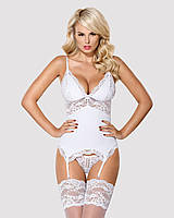 Сатиновый кружевной корсет Obsessive 810-COR-2 babydoll & thong L/XL, белый, корсет, танга TOS