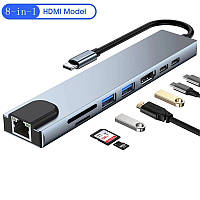 USB розгалужувач для MacBook Type-C на 8-Port USB TypeC 3.0 Mini Hub SD, TF, RJ 45 TOS