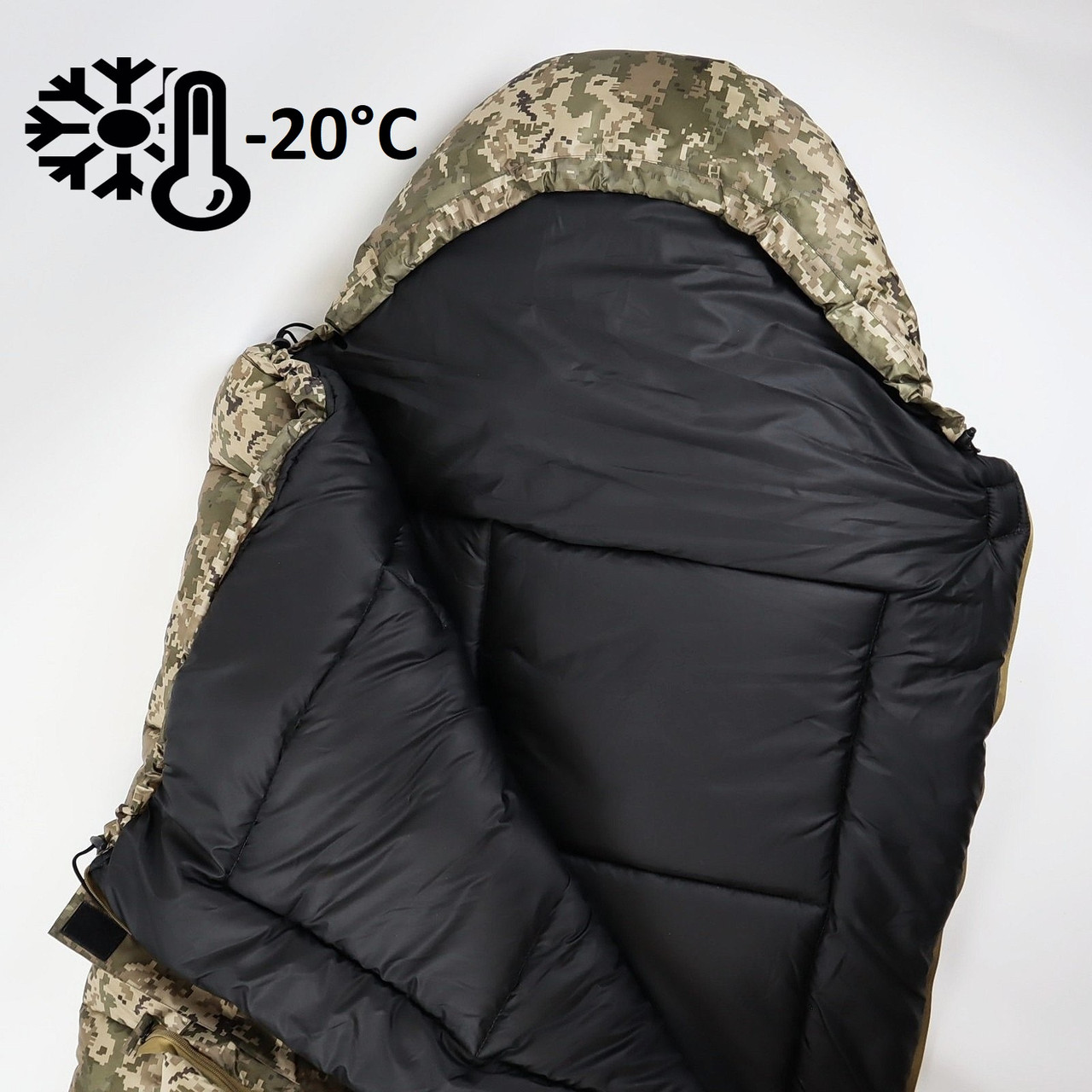 Спальник зимовий до -20° Спальний мішок зимовий армійський широкий 85*205см з капюшоном спальник ковдра Піксель, фото 1