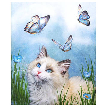 Алмазна мозаїка на підрамнику картина стразами 30х40 см DIY Кішка з метеликами (SGLD 61229)