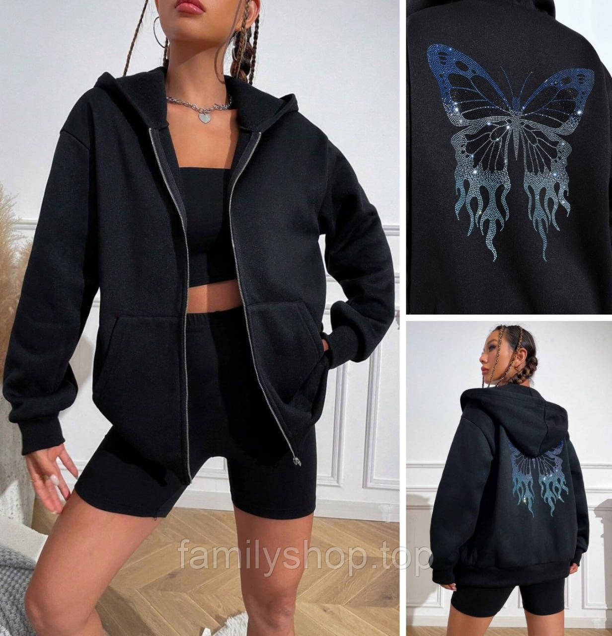 Толстовка жіноча на блискавці з капюшоном тепла на флісі чорна, розмір 42/44, 46/48, фото 1