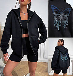 Толстовка жіноча на блискавці з капюшоном тепла на флісі чорна, розмір 42/44, 46/48