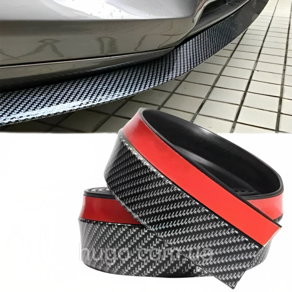 Молдинг на передній бампер автомобіля (250х6 см) SAMURAI CARBON / Універсальна гумова губа-спідниця на бампер