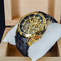 Мужские механические наручные часы скелетоны Forsining 8260 GB с автоподзаводом и турбийоном кожаный ремешок
