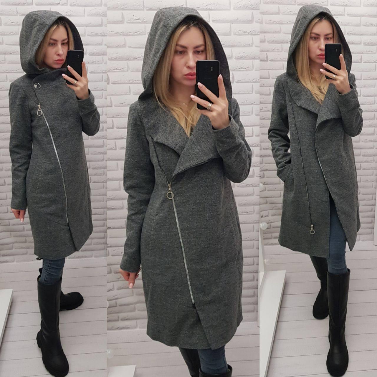 Жіноче пальто з капюшоном кашемірове на блискавці арт. 136 темно-сірий/ сірий, фото 1
