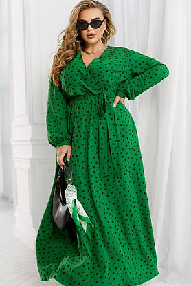 Коктейльна жіноча сукня максі зелена в горох з поясом у комплекті, фото 2