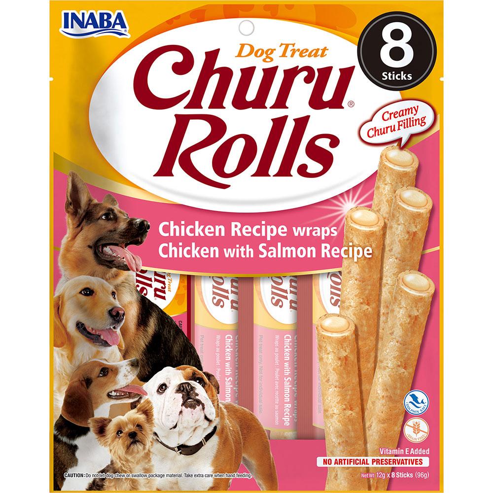 Ласощі для собак м'ясні палички з куркою та лососем INABA Churu Rolls 8 шт*12 г