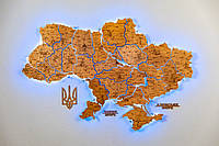 Деревянная карта Украины многослойная с подсветкой в серых тонах