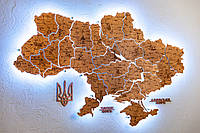 Деревянная карта Украины многослойная с подсветкой в серых тонах