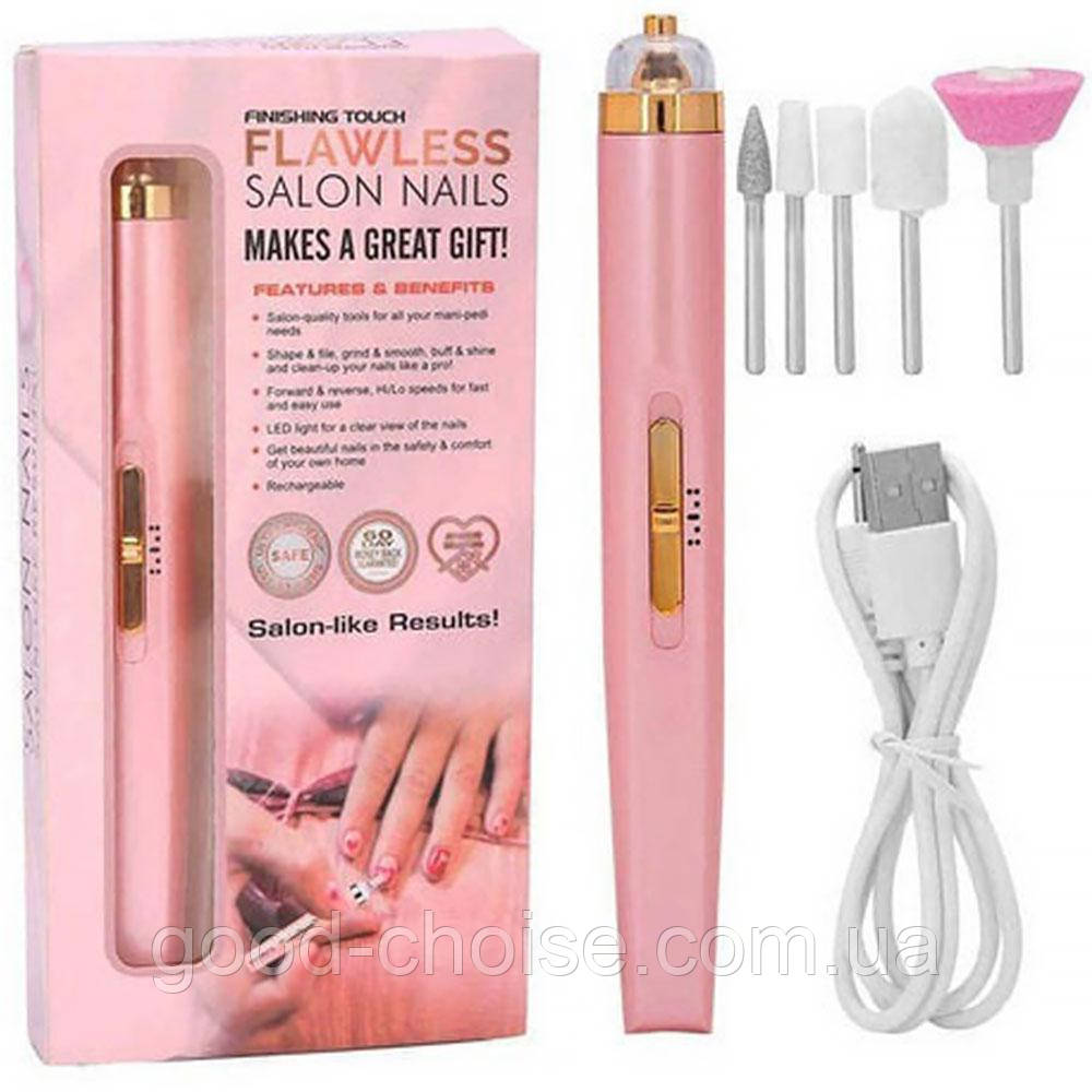 Фрезер для манікюру та педикюру, з 5 фрезами, Flawless Salon Nails / Портативний міні апарат для манікюру, фото 1