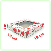 Коробка самосборная белая с сердцем для пряника печенья 190*190*30 с окном Korob(1)