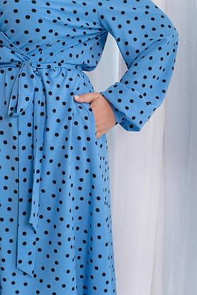 Коктейльне жіноче плаття максі блакитне в горох із поясом у комплекті, фото 3